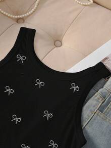 INAWLY Women's Fashion Ribbed Bow Rhinestone Decor Round Neck Camisole - Black - View 4