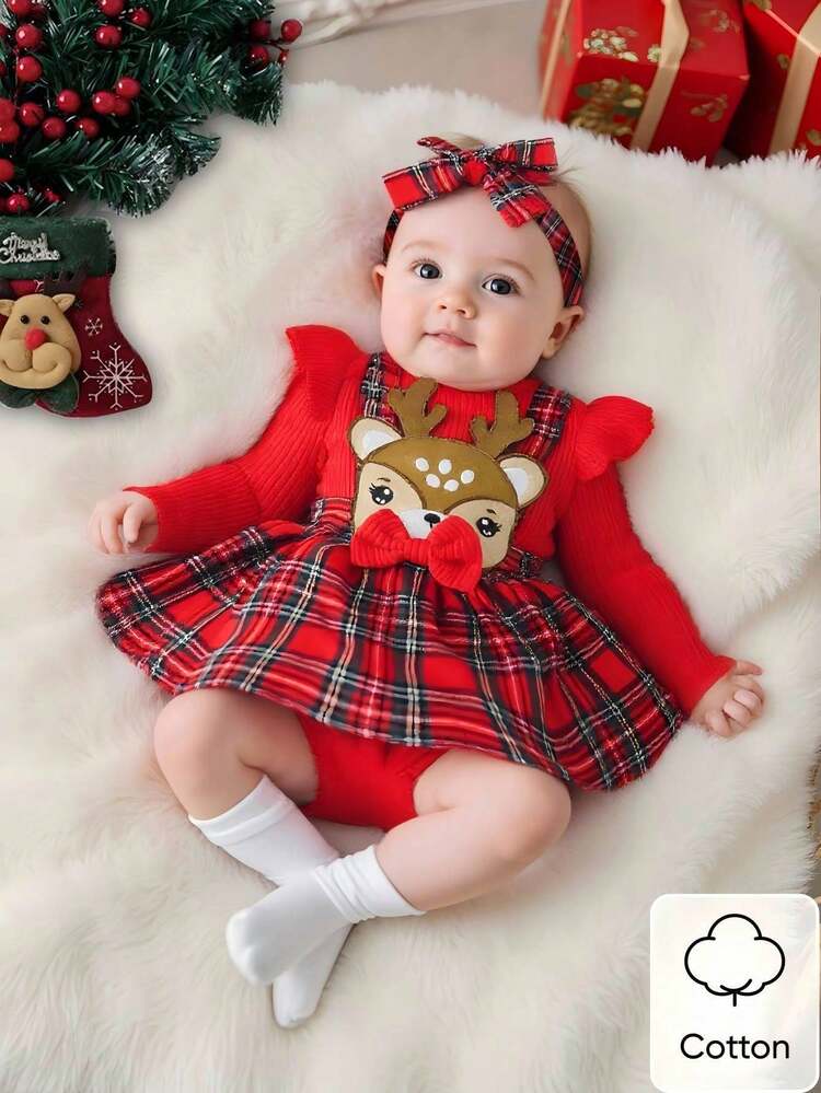 SHEIN Recién nacido bebé niña otoño/invierno Navidad vacaciones lindo dibujo animado ciervo tirantes falda a cuadros con lazo y body de manga larga rojo diadema y venda para la cabeza estilo vacaciones tela suave otoño - Rojo - Añade 1