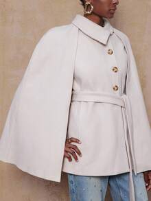 SHEIN Privé VITNOS Women's Fall/Winter Cape Sleeve Overcoat,White Gold,Autumn,Elegant,Office Solid Color Elegant Coat For Party,Luxury Evening,Date Night,New Year - Beige - View 5