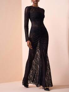 Zivah Abito lungo da donna in pizzo nero semi-trasparente con maniche lunghe, arricciature e coda di pesce, adatto per festival musicali, Pasqua, San Patrizio, stile occidentale, nomade, feste di compleanno, laurea, stile universitario, uso quotidiano casual, versatile di base, tempo libero, crociera, spiaggia, prendere il sole, virali, streetwear, matrimoni, pendolarismo, brunch, aeroporto, primavera/estate 2025