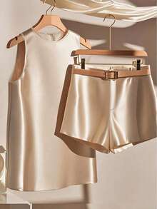 SHEIN Clasi 女士纯色圆领无袖上衣和系腰短裤优雅两件套 - 杏色 - 查看 1