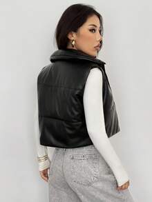 SHEIN PETITE 女士简约纯色短款皮夹棉大衣、冬季背心 - 黑色 - 查看 2