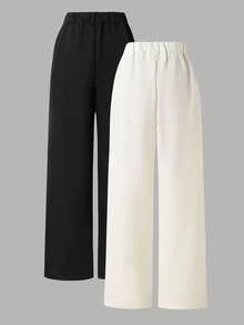 Sparklyn مجموعة من 2 بنطلون لون سادة للفتيات المراهقات، متعدد الاستخدامات وعصري، مناسب للمدرسة والربيع/الخريف - متعدد الألوان - مشاهدة 2