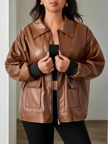 EURMUSE Veste décontractée ample à manches longues en PU avec fermeture éclair pour femmes, printemps et automne, plus hiver - Rouge foncé - Voir 7