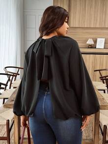 Weeklong Plus Size Solid Color Lantern Sleeve Back Split Tie Waist Shirt Fall Cloth For Women - Black - View 3