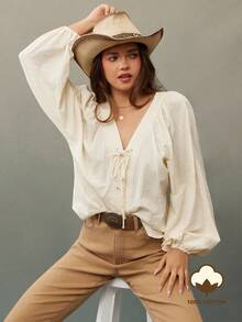 WESTFADE V Neck Lace Up Bow Tie Front Long Lantern Sleeve 100% Cotton Embroidered Top Fall Clothes For Women Cute Country Western Wear Nashville - Beige - View 5