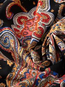 Rometta 大码女式度假腰果印花宽松立领长袖时尚衬衫 - 黑色 - 查看 3