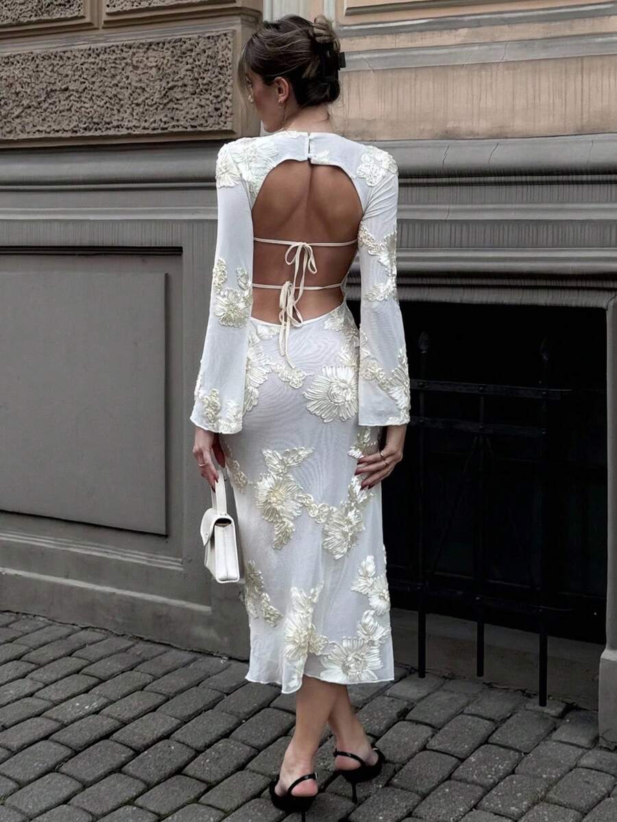 Chiquease 女士优雅花卉装饰中长连衣裙，秋季时尚 - 杏色 - 查看 1