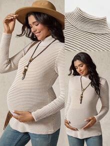 Boho Mama Suéter casual de cuello alto, de manga larga, ajustado y a rayas para maternidad - Multicolor - Ver 1