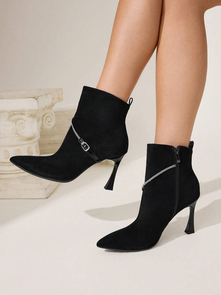CUCCOO CHICEST Women's Pointed Toe Rhinestone Embellished High Heel Ankle Boots