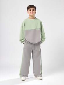 SUMWON Ensemble Sweat-shirt-shirt et pantalon large à blocs de couleurs Brooklyn. Ensemble casual moderne en pastel menthe et gris pour l'hiver et l'automne. Tenue deux pièces pour enfants et jeunes - Gris - Voir 6