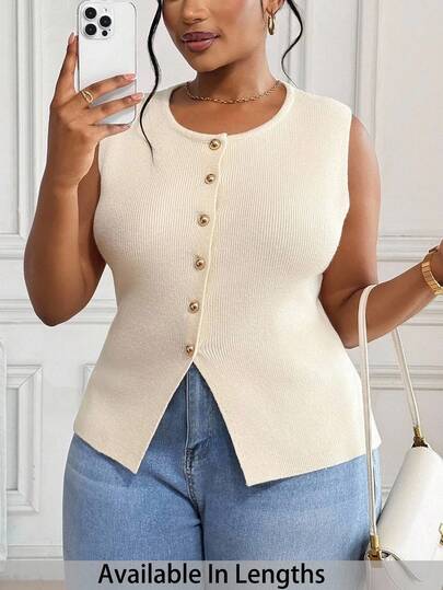 SHEIN PETITE CURVE Plus Size Women's Casual Solid Color Front Button Sleeveless Knit Top, Summer