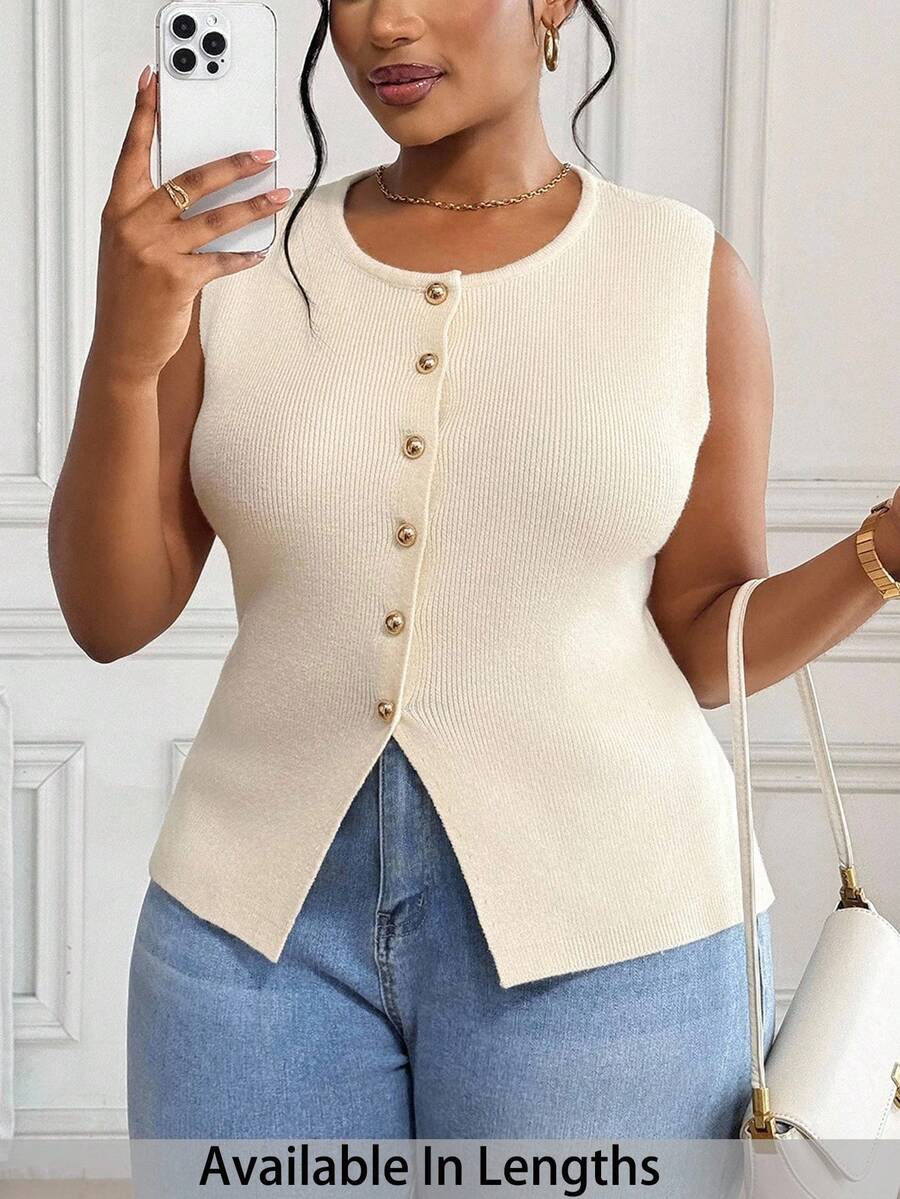 SHEIN PETITE CURVE 大码女式休闲纯色前扣无袖针织上衣，夏季 - 杏色 - 查看 1