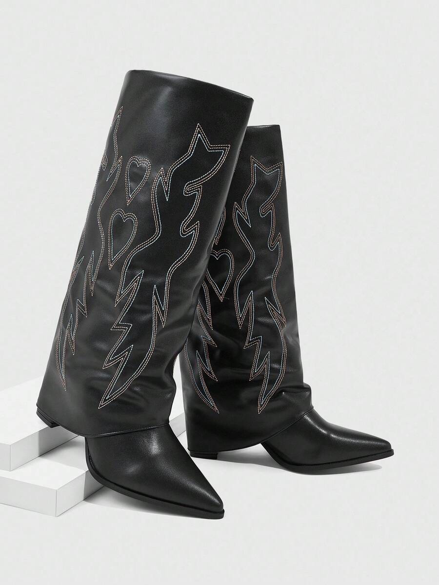 CUCCOO SZL Botas occidentales de tacón grueso con punta afilada y flecos para mujer, botas altas de ajuste ceñido - Negro - Ver 1