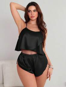 SHEIN Bộ đồ ngủ quần short dây mảnh khoét sâu ren gợi cảm, quyến rũ và hấp dẫn - màu đen - Xem 2