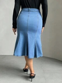 Auralis Váy đuôi cá denim xòe sang trọng thanh lịch co giãn cao cỡ lớn - Rửa trung bình - Xem 2
