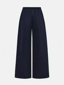 Girlism Teen Girls Navy Blue Ribbed Long Sleeve Mock Neck Contrast Trim Button Design Tight Fit Turtleneck Top And Wide Leg Pleated Pants Casual Street Chic Two Pieces Set Fall Winter