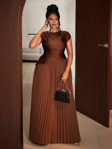 Maweii Đầm dạ hội cổ tròn xếp nếp màu nâu trơn cỡ lớn cho nữ - màu nâu - Xem 3
