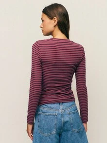 Nöista Fitted Ribbed Long-Sleeve Crewneck Top In Muted Rose With Navy Micro-Stripes - A Stretchy, Body-Skimming Silhouette That Flatters The Waist And Layers Seamlessly. - Red Violet - View 2