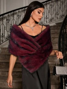 Allurite كيب فرو صناعي أحادي اللون للنساء، كيب فرو أحمر كبير للحفلات والأعياد - عنابي اللون - مشاهدة 1