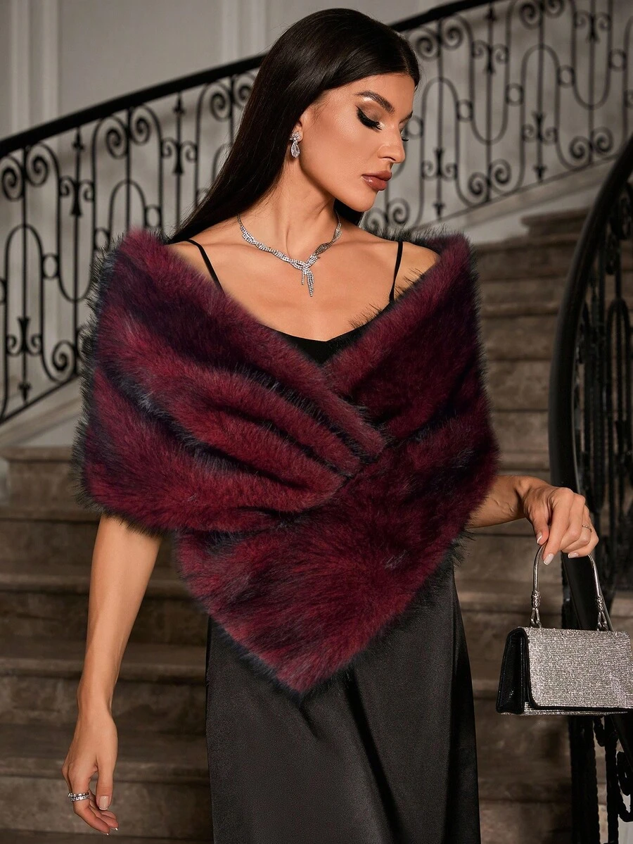 Allurite كيب فرو صناعي أحادي اللون للنساء، كيب فرو أحمر كبير للحفلات والأعياد - عنابي اللون - مشاهدة 1