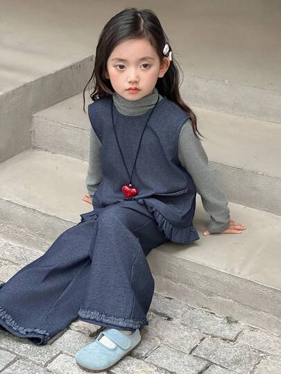 DAZY 2pcs/Set Young Girl Casual Round Neck Sleeveless Contrast Color Shirt And Wide Leg Jeans Pants Suit Fall, Winter