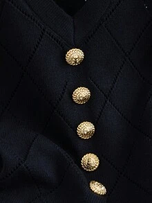 SHEIN Clasi 1pc Women Plus Size Diamond Pattern Golden Button Knit Sweater Top - Black - View 5