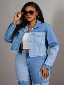 Slaydiva 大码女式牛仔蓝色牛仔布拼布弹力短款夹克，牛仔竞技服装 - 淺色水洗藍 - 查看 7