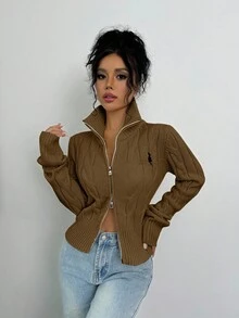 Elenzga 女士经典刺绣拉链开衫，百搭纯色，时尚假日休闲装 - 咖啡棕 - 查看 5