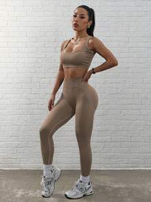 Slayform 2 件套女士纯色交叉后背简约短款上衣和裤子运动套装女士健身套装女士健身套装女士紧身裤套装 - 摩卡棕 - 查看 3