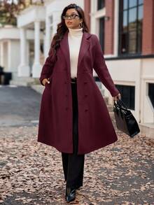 Vionelle Christmas Plus Size 1 Piece Woven Lapel Collar Solid Color Slimming Retro Elegant Long Flared Sleeve Women Overcoat Jacket Winter Autumn Fall - Burgundy - View 10