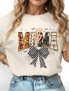EMERY ROSE Women's Halloween Atmosphere T-Shirt, Retro Cartoon Bow Printed T-Shirt, Round Neck Short Sleeved Top, Comfortable Fit, Perfect For Halloween Costumes - Apricot - View 1