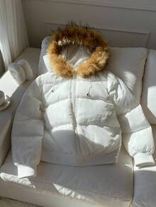 Muchica Winter Clothing Women's Halloween Sweater Gothic Clothing Fashionable Versatile Fur Collar Hooded Jacket, Winter Coat Down Jacket White Splicing Fur Collar Down Ski Suit,Fall