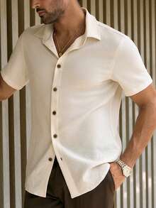 Manfinity VCAY Men's Casual Bubble Crepe Relaxed Fit Short Sleeve Shirt, Old Money - Yellow - View 4