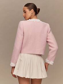 Enchnt Fall/Winter Romantic Women's Pastel Pink Tweed ROSE Embroidered Lace Decor Jacket With Pearl Buttons,Chic&Elegant&Fashionable For Vacation&Date&Holiday&Graduation&Wedding Guest&Office&Going Out&Halloween&Christmas,Back To School,Fall Jackets For Women,Autumn Clothes - Pink - View 8
