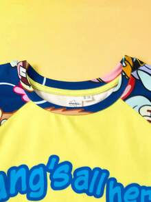 SpongeBob SquarePants | SHEIN 2 件套青少年男孩卡通图案圆领插肩袖长袖 T 恤和宽松针织裤睡衣套装 - 藏蓝色 - 查看 3