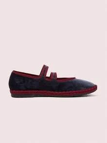 CUCCOO DOLLMOD Women's Midnight Blue Elegant Velvet Classic Comfortable Velvet Parallel Double Strap Mary Jane Flat Shoes For Christmas - Dusty Blue - View 9
