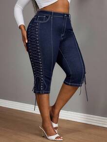 Slaydiva 大码休闲通勤交叉带紧身七分牛仔裤 - 藍色 - 查看 5