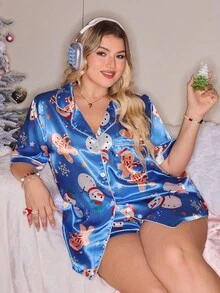 Conjunto de pijama de satén con estampado de dibujos animados navideños y abertura delantera para tallas grandes - Multicolor - Ver 4