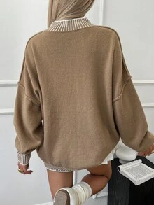 Livesso Women's Casual Loose Fit Contrast Color Chunky Knit Sweater, Autumn - Coffee Brown - View 2