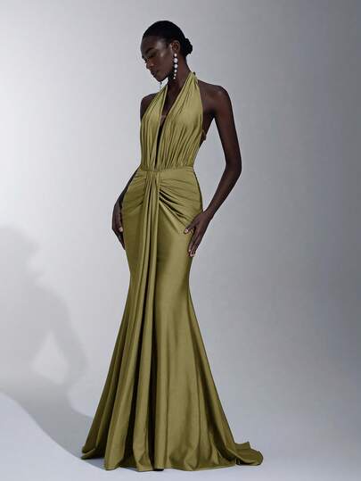 Elitara Vestido ceñido elegante, romántico y sexy de estilo minimalista en azul con espalda abierta, decoración floral 3D y bajo sirena, de estilo celebridad de redes sociales, apto para vacaciones, fiestas, bodas, damas de honor