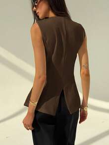 Aloruh Blazer sin mangas con cuello redondo minimalista para oficina y viajes, con decoración metálica, para mujer en otoño/invierno