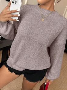 Vionelle Áo len chui đầu cổ tròn tay dài dáng rộng, dáng rộng cỡ lớn dành cho nữ, mùa thu/đông - Bụi hồng - Xem 5