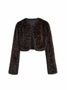 Ellevyn 女式圆领长袖前开襟豹纹棕色优雅休闲外套短款仿皮草夹克，秋冬 - 彩色 - 查看 4