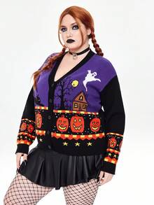 ROMWE Goth 大码女式哥特式南瓜、猫、蜘蛛网、幽灵图案提花针织开衫，秋冬款 - 彩色 - 查看 4