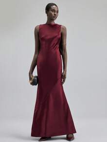 Ontre Váy dài nữ thu/đông mới 2025, phong cách thiết kế đa năng thiết thực hàng ngày, màu đỏ tía trơn, không tay, hở lưng, vải dệt mềm, hở lưng, cổ tròn, nhún bèo, dáng ôm, trang phục công sở nữ, trang phục chuyên nghiệp, trang phục công sở thường ngày, trang phục đi làm, trang phục hàng ngày, Halloween, Giáng sinh, trang phục dự tiệc cưới, dây rút, mùa thu/đông, chắp vá, váy nữ đa năng thoải mái và phong cách - Màu Đỏ Sâu - Xem 4