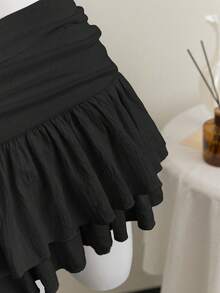 Elamini 米色褶皱高腰低腰双层雪纺裙，度假风迷你裙