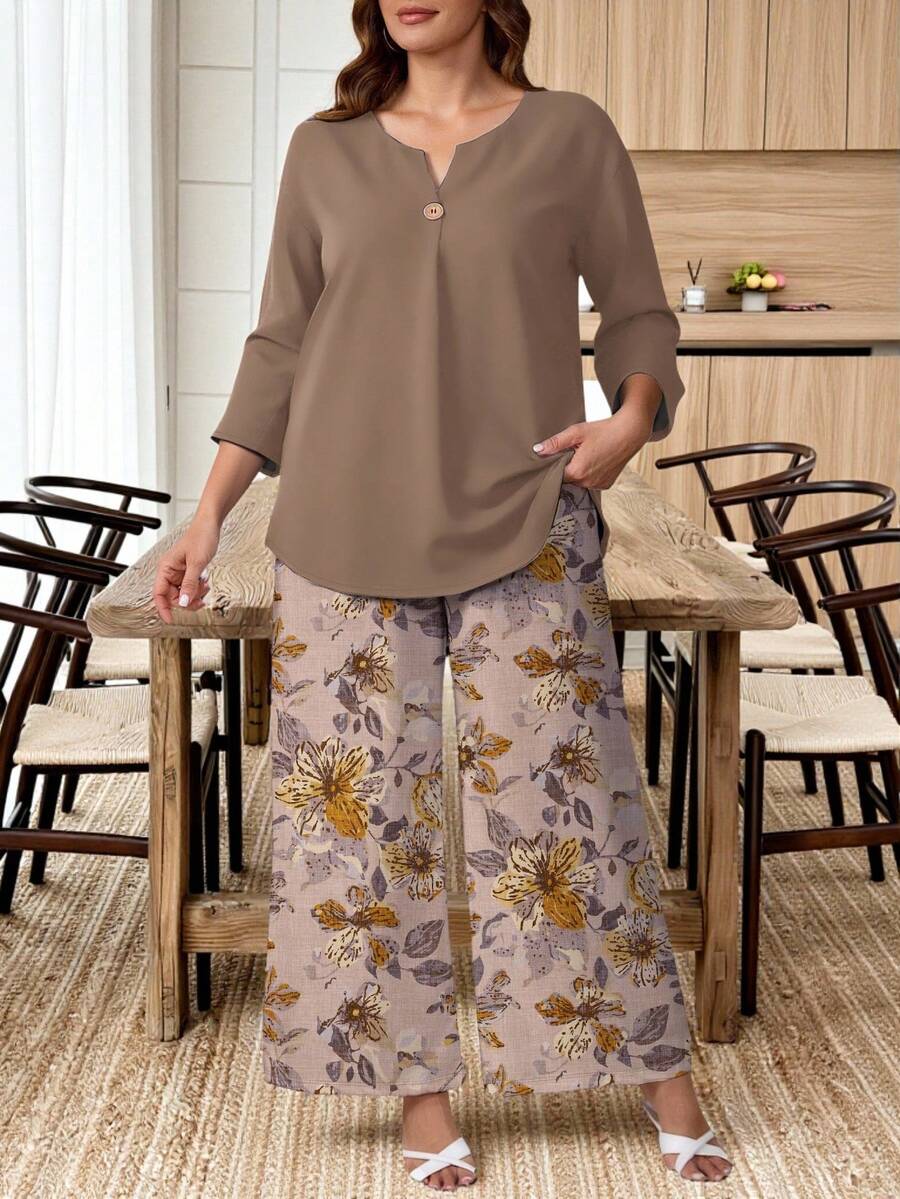 EMERY ROSE 加大码卡其色上衣搭配复古花卉印花舒适休闲两件套 - 彩色 - 查看 1