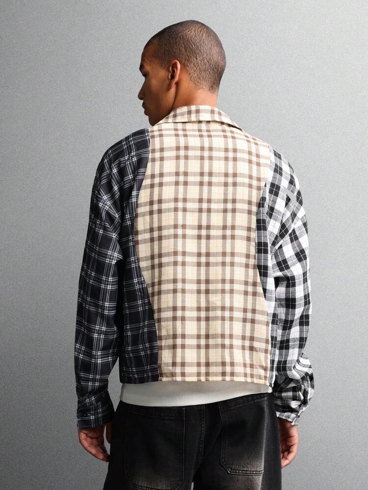 Color Block Check Plaid Button Down Shirt