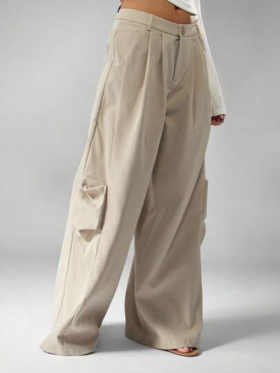 MISSGUIDED Oversized Women's Low Rise Pleated Wide Leg Palazzo Pants With Cargo Pockets - Beige Casual Trousers For Spring Summer